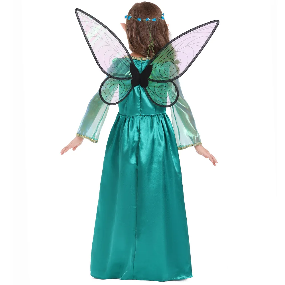 Girl Green Elf Cosplay Dresses Wings Headwear Ears 4Pcs Set Halloween Flower Fairy Princese Cosplay Costume Long Sleeves Dress