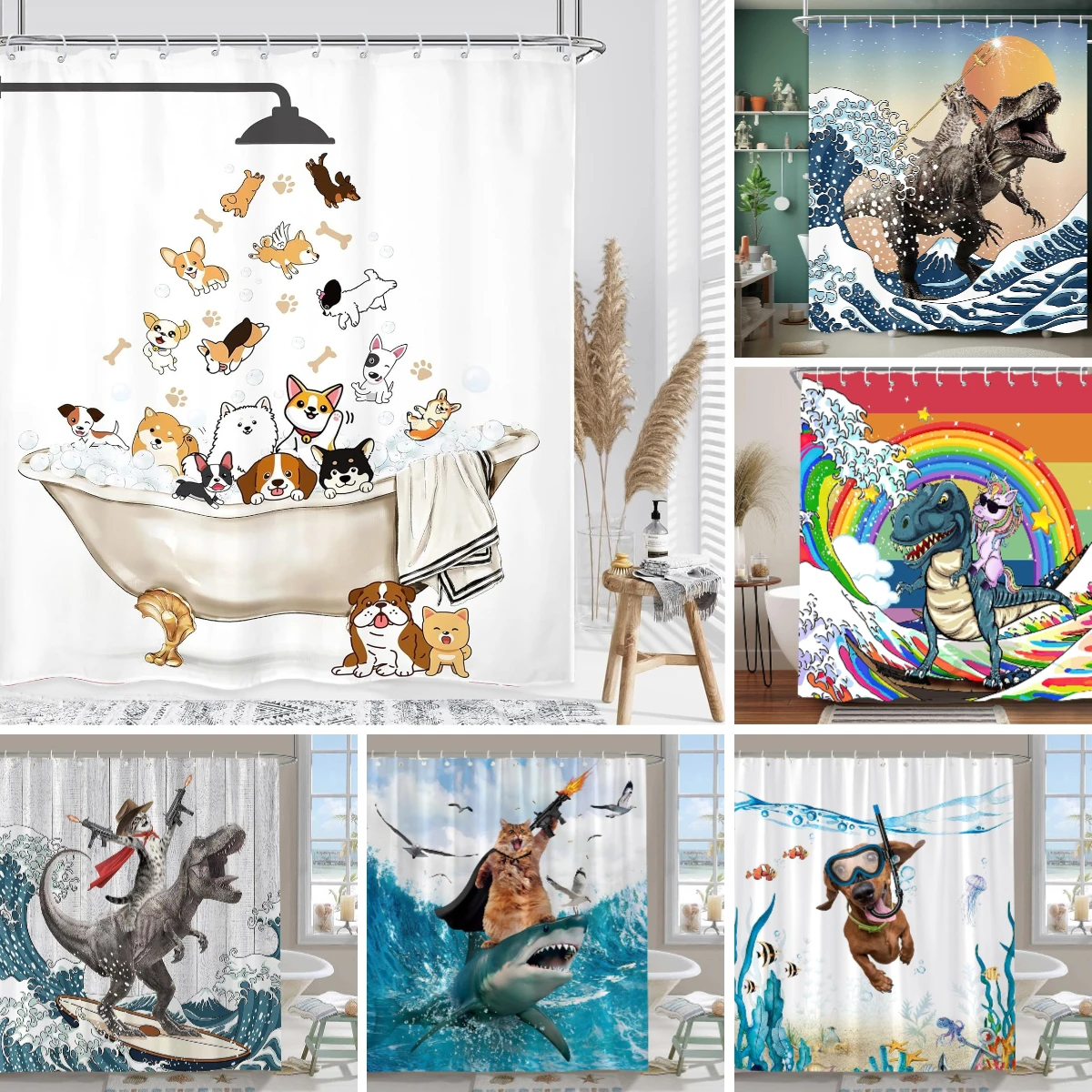 

Cute Funny Dog Shower Curtain Cat Riding Dinosaur Funny Pet Cartoon Shower Curtain Boys Girls Bathroom Decor Shower Curtains