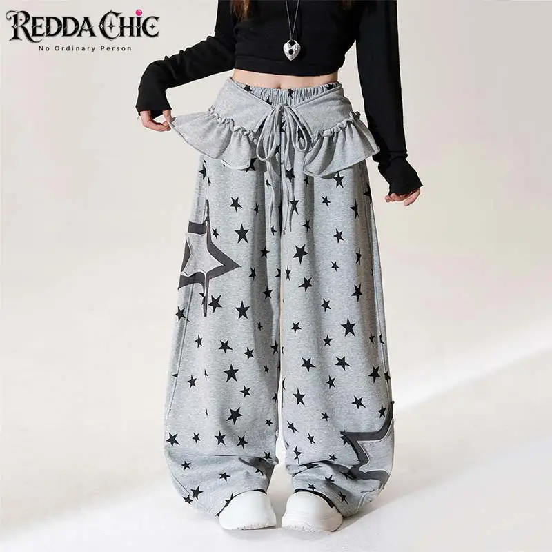 REDDACHiC Hiphop Women Wrap Skirt Sweat Pants Dance Star Print Gray Barrel Elastic Waist Pockets Lounge Pants Y2K Streetwear