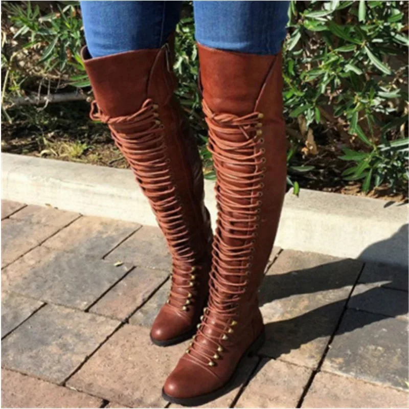 2022 Sexy Over The Knee Boots Women Fashion Cross Lace-Up Shoes Winter Warm Knight Thigh Tall Boots Ladies Over The Knee Botas