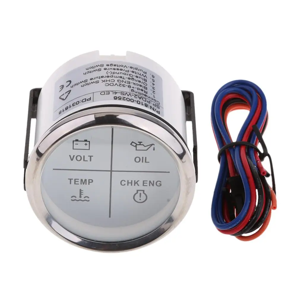 2 "52 มม. 4 LED Alarm Gauge อุณหภูมิน้ํามัน CHK ENG ไฟแสดงสถานะ Chrome สีขาว