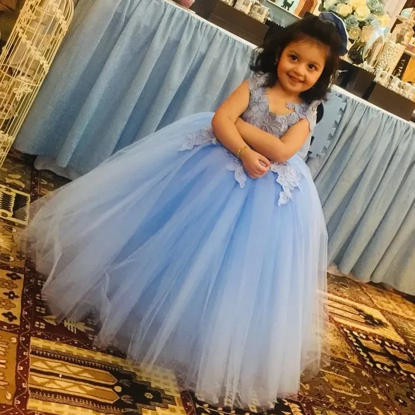 

Blue Flower Girl Dresses for Wedding Bow Lace Appliques Baby Girl Prom Gown for Photoshoot First Communion Gown Customized