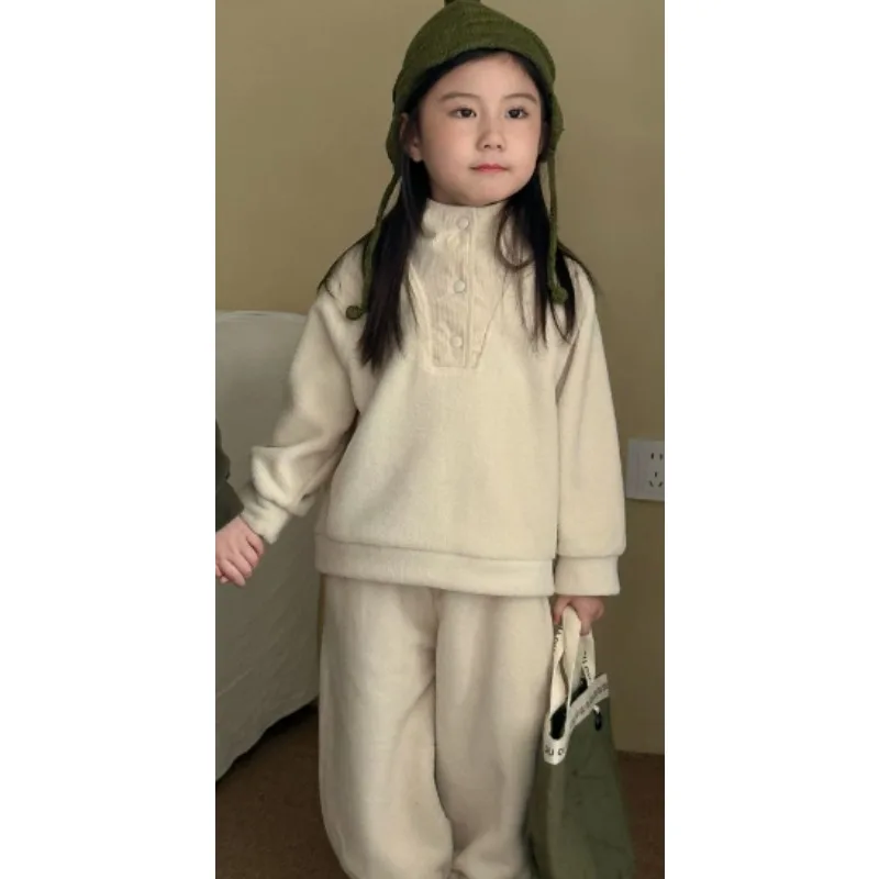 Girls Set 2025 Winter Korean Printed Cute Letter and Velvet Hoodie Set Fashionable Casual Simple and Lively Dressing