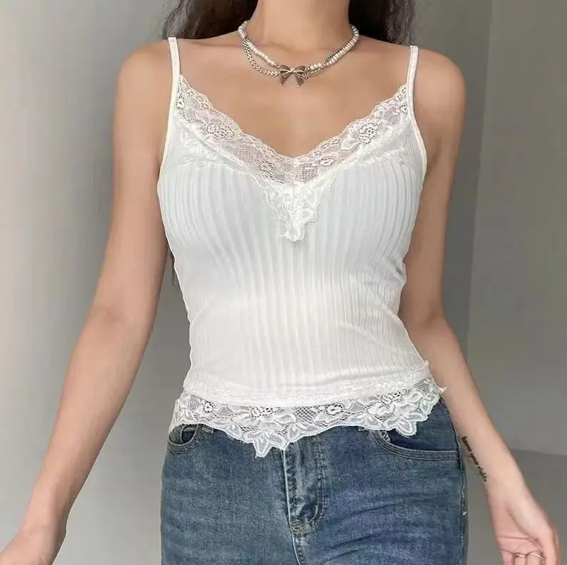 French V-Neck Lace Trim Camisole Women, Ribbed Slim Fit Sleeveless Top, Long Evening Dresses Elegant