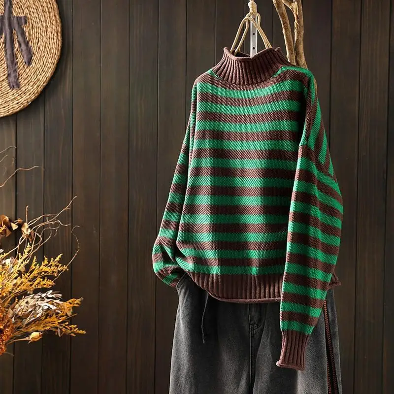 

Vintage Women Stripe Sweater Retro Half High Neck Autumn Winter Top Long Sleeve Casual Ladies Thick Harajuku Clothes Pullover