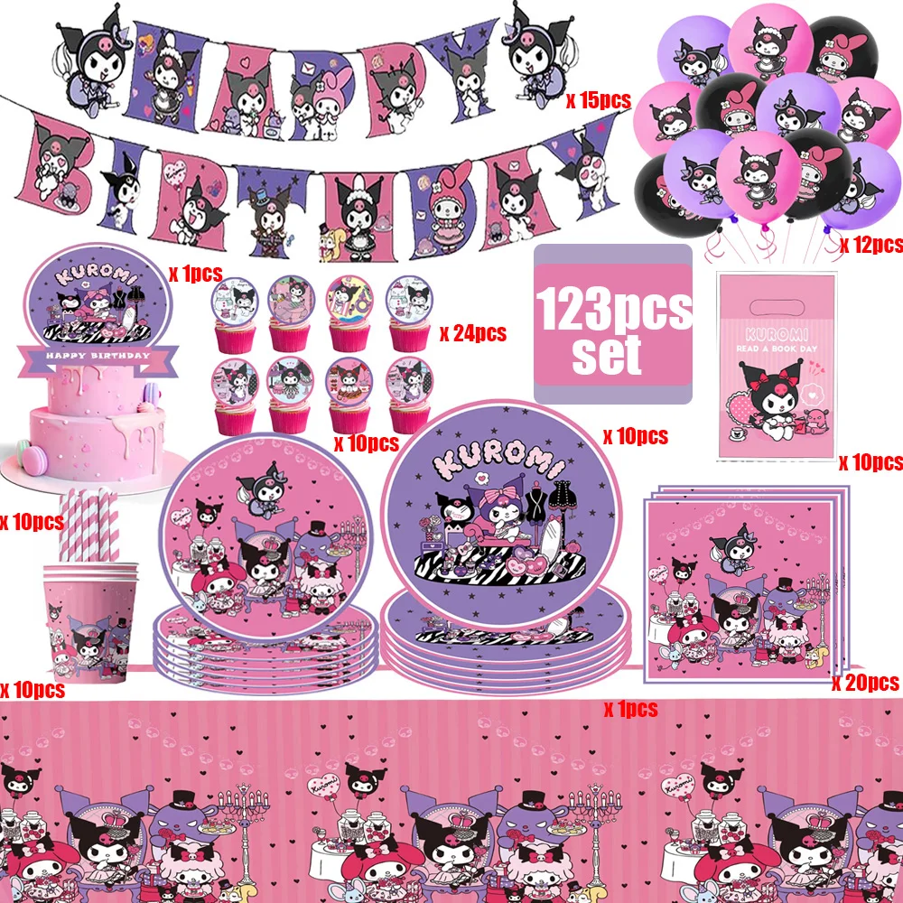 

Sanrio Kuromi Birthday Party Decoration Set Cute Disposable Tableware Balloons Tablecloth Banner Girls Kids Favor Party Supplies