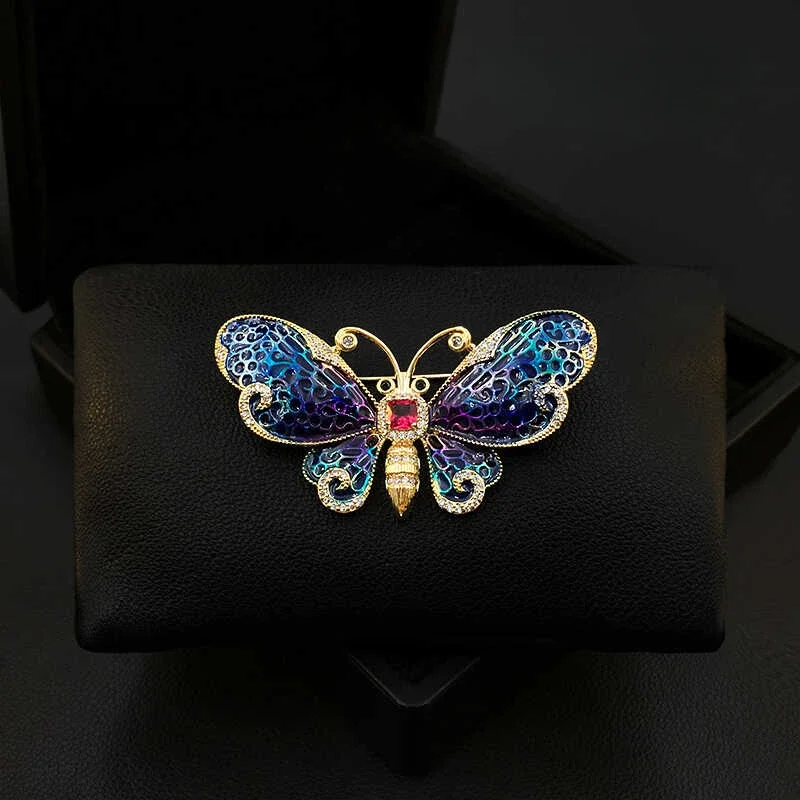 Enamel Craft Retro Butterfly Brooch High-End Women's Clothes Neckline Pin Exquisite Coat Suit Accessories Blue Jewelry Gift 5725