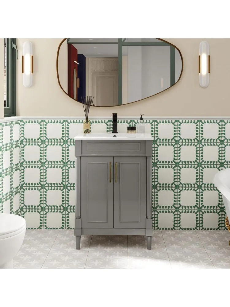 

24-дюймовый туалетный столик для ванной комнаты с комбинированной раковиной, окрашенный шкаф для хранения в ванной комнате середины века с цилиндрическими ножками, под креплением