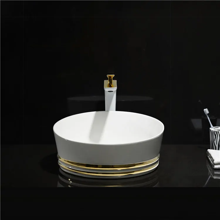 Luxury round white gold line lavabo hand wash basin ceramic art basin bathroom vessel sink