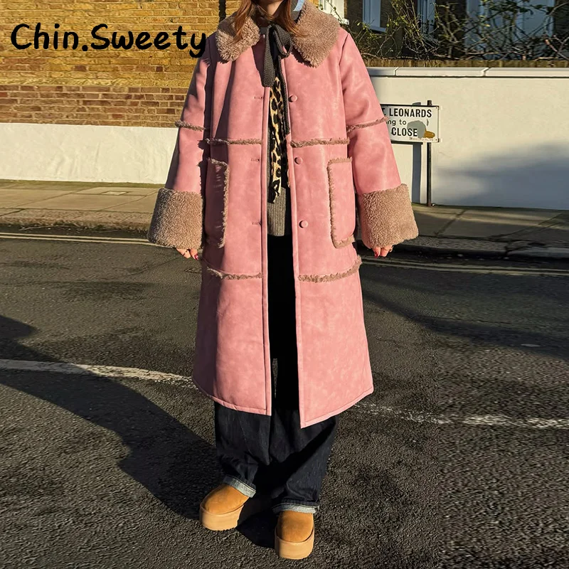 Elegante dames nepbont patchwork leren jas losse revers volledige mouw enkele rij knopen overjas 2025, herfst winter dame uitloper