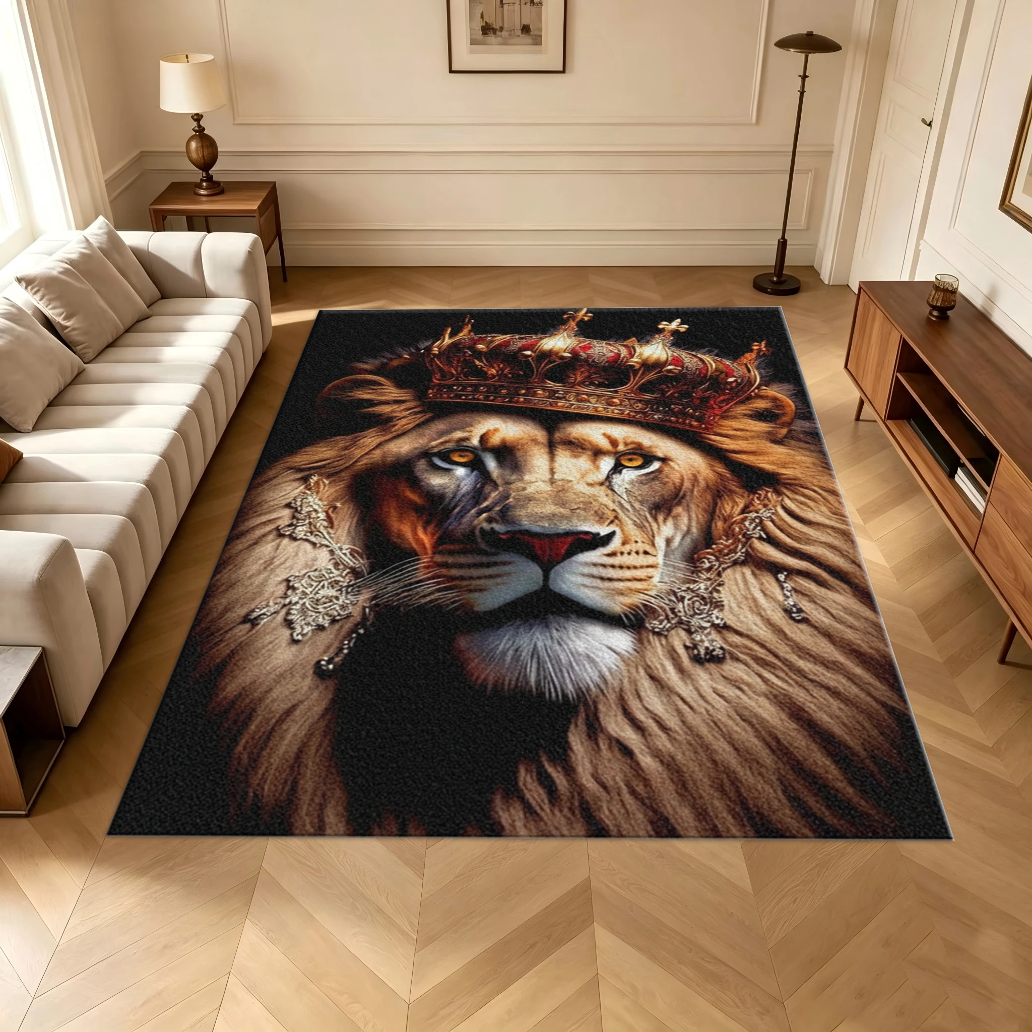 Regal Lion King with Crown Area Rug Noble Animal Print Floor Carpet for Living Room Bedroom Home Art Decoration
