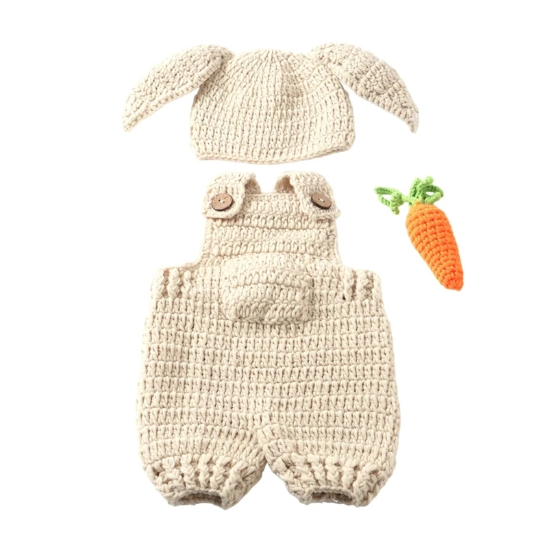 

Essential Newborn Photography Set Crochet Romper with Hat & Lovely Hat & Radish Toy Baby Photo Props Gift K1KC