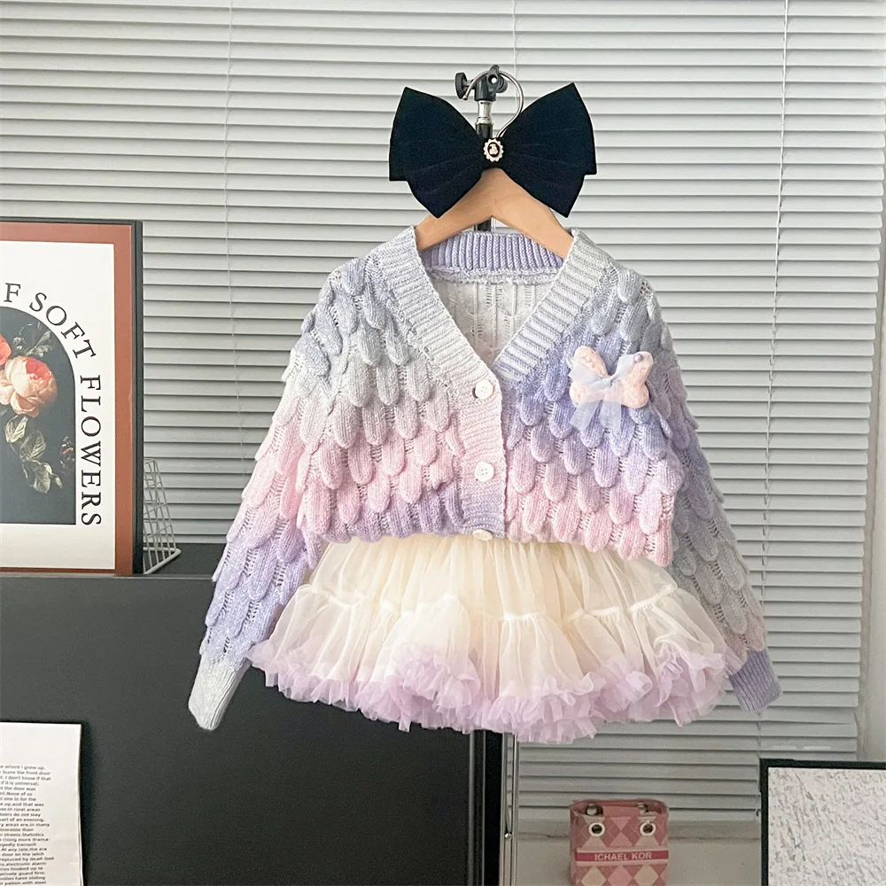 Girls Clothes Sets Autumn and Winter New Color Changing and Stylish Cute Princess Cardigan and Three-dimensional Skirt
