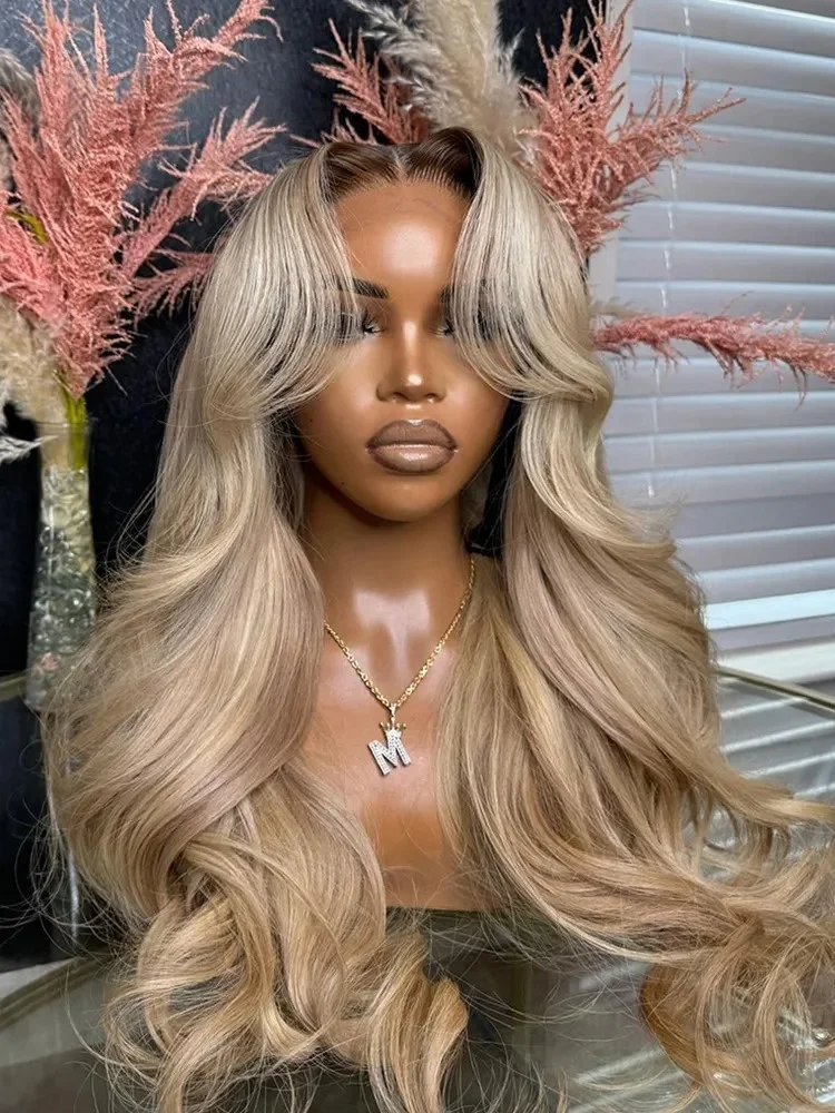 

Ash Blonde Ombre Wigs For Women Body Wave Lace Front Wig HD Transparent Synthetic Lace Frontal Wig Pre Plucked