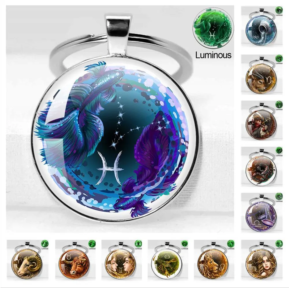 Zodiac Sign 12 Constellation Luminous Animals Photo Glass Pendant Keychain Bag Car Keychain Holder Charms Keychain