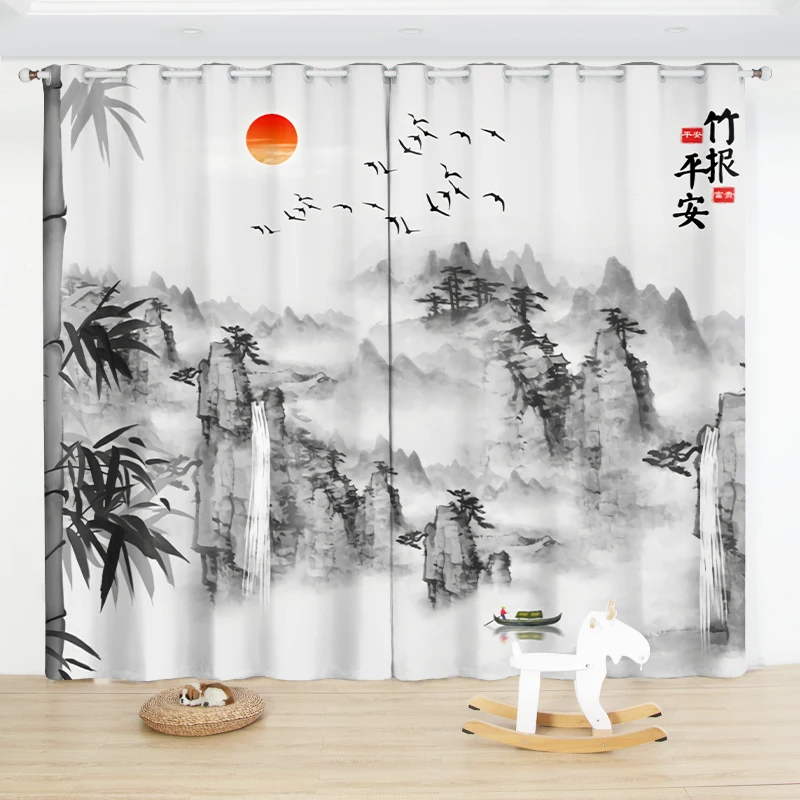 

Chinese Ink Bamboo Bird Semi-blackout Printed Curtain Grommet Top Bedroom Living Room Floor-to-ceiling Window Curtain 2 panels