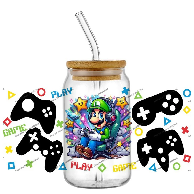 Mario Game Birthday Customized Gift UV DTF Cup Mug Wraps Car Sticker Mario DIY Deca For 16oz Libbey Glass Creative Cup Label