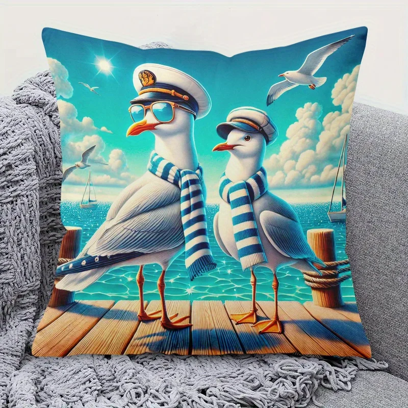Funny Seagull Couple Pillowcase, Cute Nautical Ocean Theme Cushion Cover, Sailor Bird Home Decor for Sofa Bedroom Living Room