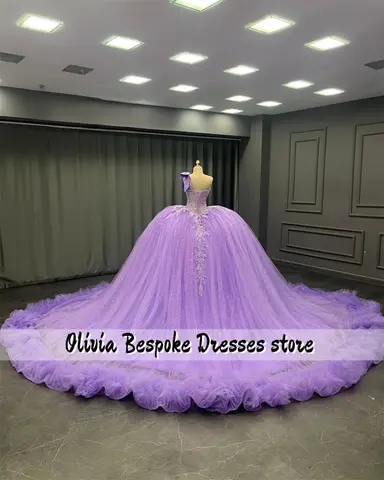 Drömlik Lila Enaxlad Quinceanera-klänning Pärlapplikation Rynkad Släp Mexikansk Bröllopsbalklänning 15 år gammal Anpassad 10 best sales lila balklänning - №10