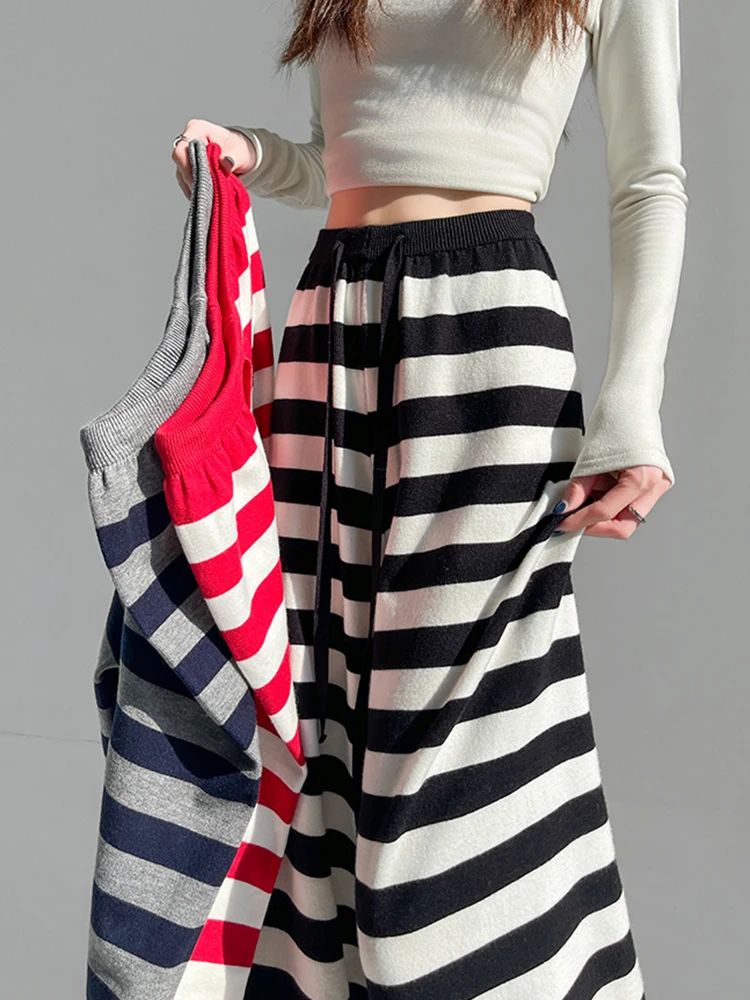Jmprs Casual Striped Knitted Pant Women High Waist Fashion Sweet Wide Leg Trousers Korean Chic Fall Winter Female Elegant Pants