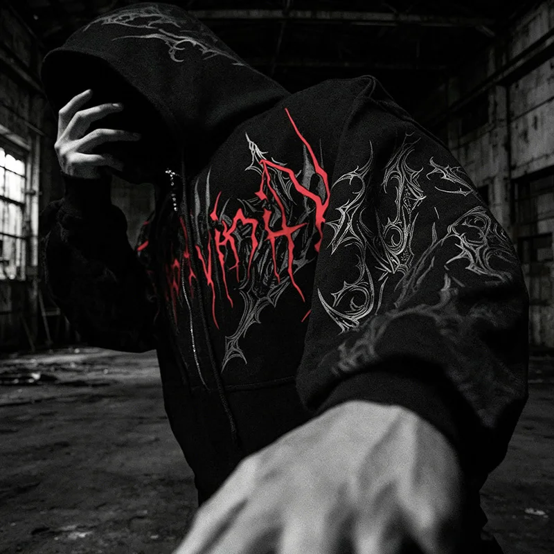 Herren Alt Gothic Zip-Up Hoodie Y2k High Street American Style Dunkler Dornen-Print Fleece-gefütterter Loser Biker Herbst-Winter-Sweatshirt – Detail 15