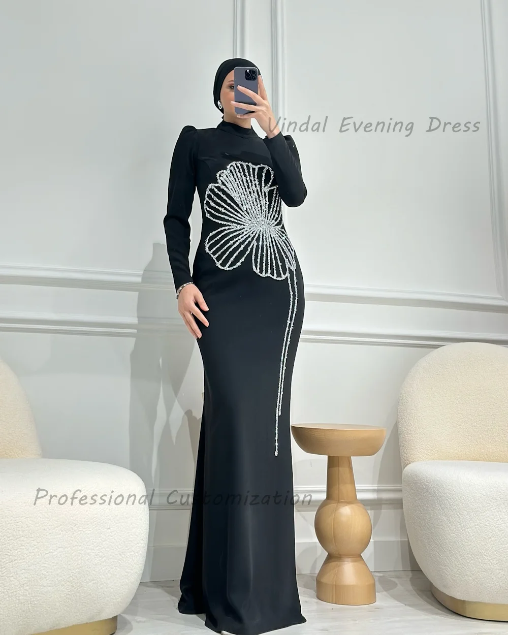 Vindal Floor length O-Neck luxurious Straight Beaded Crepe Fashion Breast Padding Elegant Long Sleeves السعود For Woman 2024