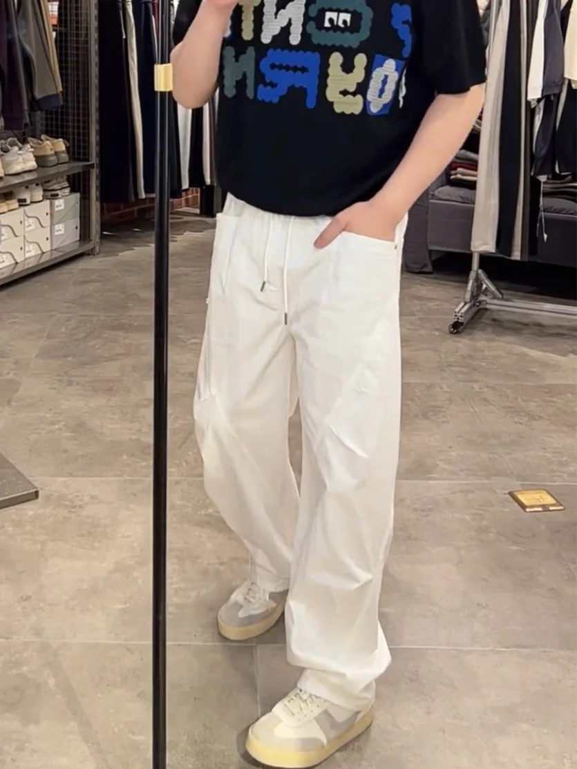 

Spring New Men's Washed Cotton Casual Pants Pure Color Breathable Loose Fashionable Workwear Style Paratrooper Pants