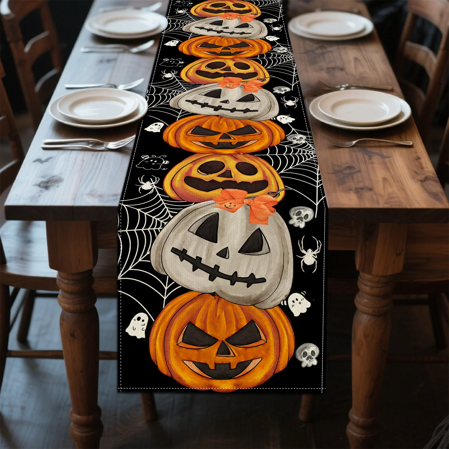 Cute Spooky Halloween Table Runner Bow Pumpkin Ghost Spider Skull Pattern Seasonal Table Decoration for Halloween Dinner Home
