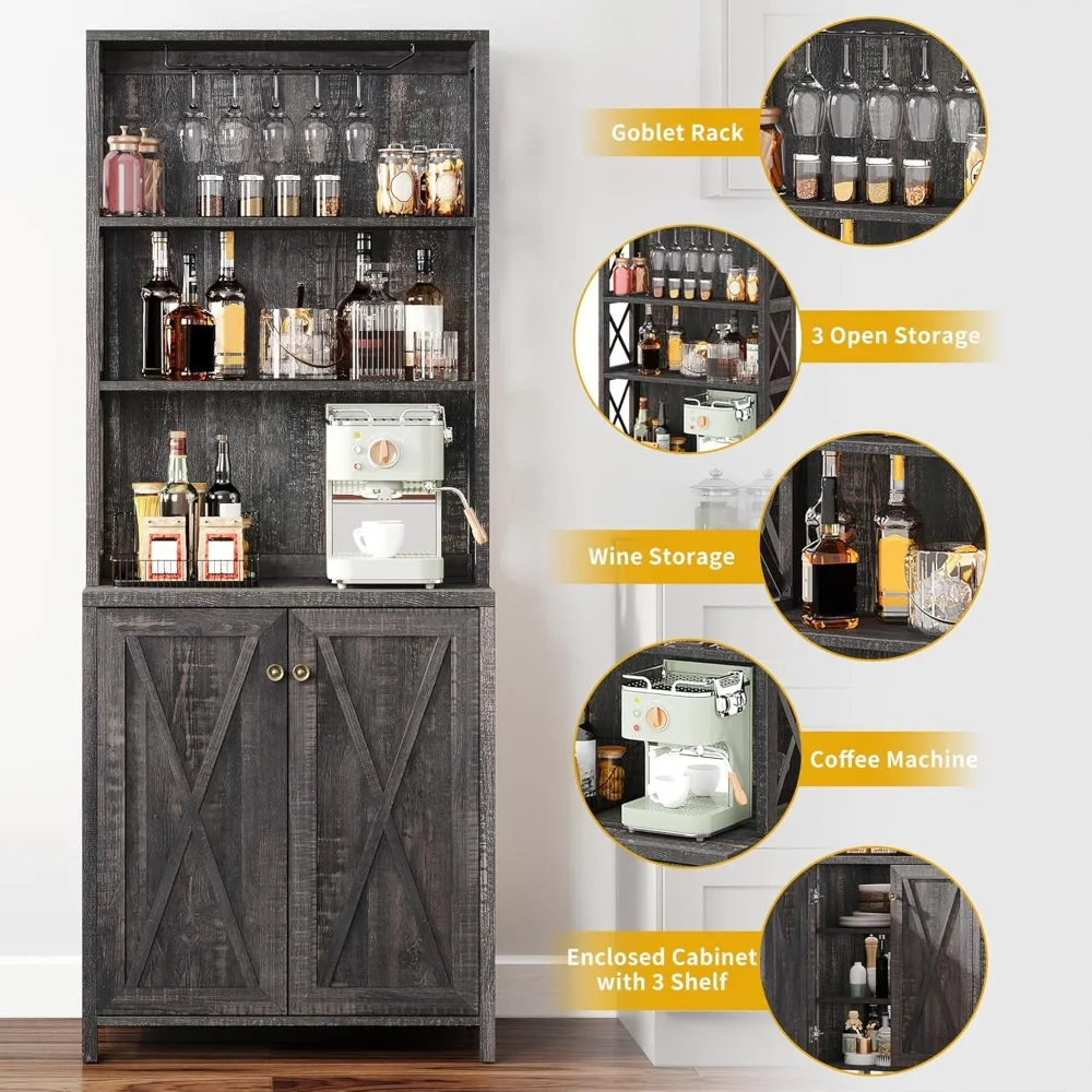 Armário alto de bar de vinho estilo fazenda com prateleiras ajustáveis para armazenamento de licores e exibição de vidro