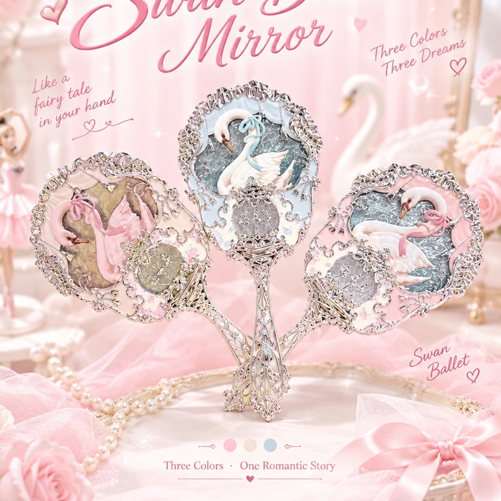 Flower Knows Swan Ballet Series Hand Holding Mirror 3 Types Exquisite Relief Makeup Tools Blue Pink Ladies HD Makeup Mirror