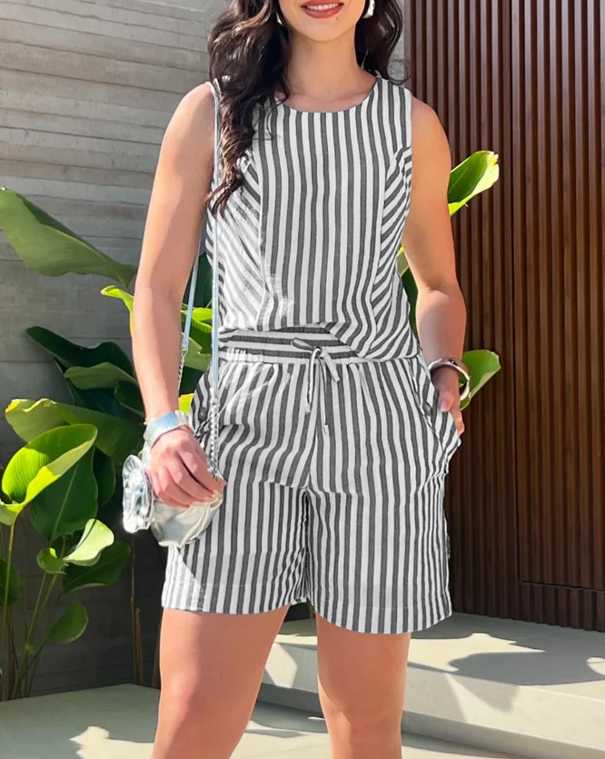 

New Fashion 2025 Summer 2 Pieces Sets Womens Outfit Elegant Striped Print Round Neck Sleeveless Tank Top and Casual Shorts Set