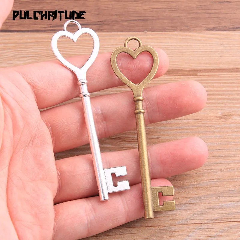 4pcs 31*71mm Two Color Big Heart Key Charms Pendants Handmade Decoration Vintage For DIY Jewelry Making Findings