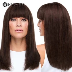 HAIRCUBE Straight Human Hair Wig with Bangs for White Women Long Brown Wigs Fringe Bob Real Hair Wig Glueless Machine Made Wigs
