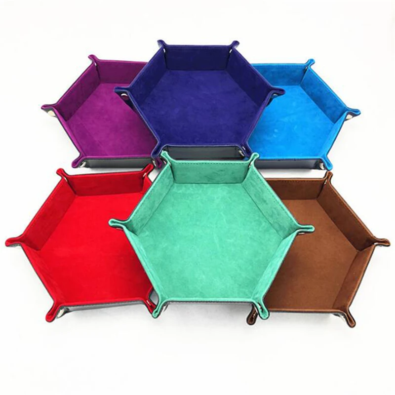 Rolling Folding Hexagon Dice Game Storage Tray PU Leather&Velvet Mat Holder Double Sided Thick Office Supplies Storage Tools