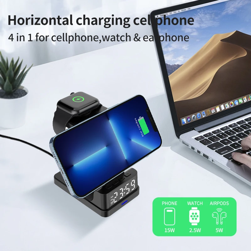 Desktop four-in-one vertical magnetic stand, wireless charger for watches and mobile phones with 15W power, multi-functional and