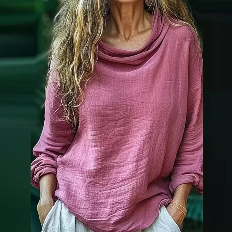 Elegante Lange Mouw Plooien Trui Vrouwen Alle Match Effen Sjaal Kraag Tops Mujer 2025, Nieuwe Lente Lange Mouw Temperament Blouse