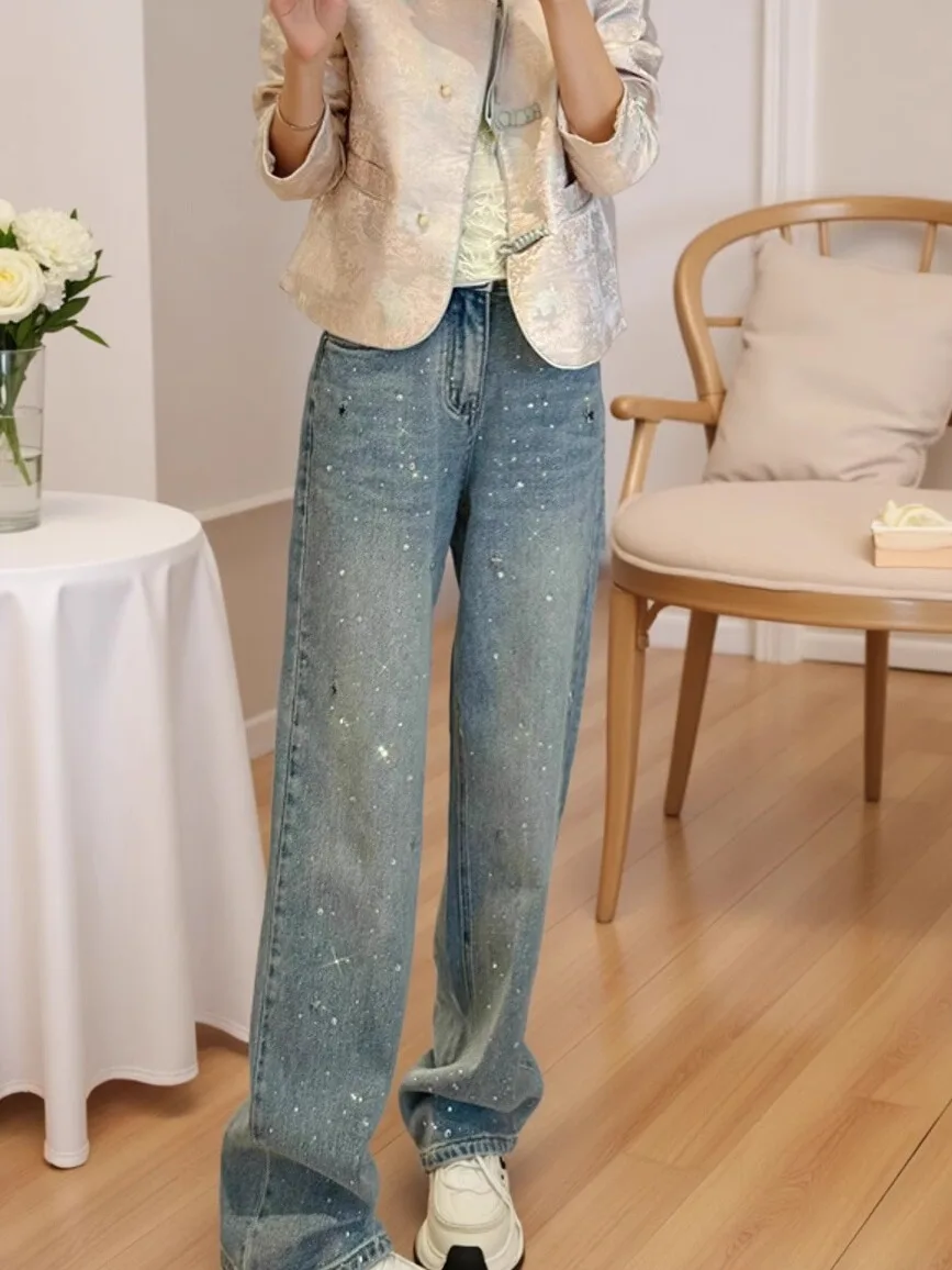 

Блестящие джинсы с прямым кроем и стразами, широкие брюки с эффектом звездного сияния, повседневные джинсы с высокой талией, прямые джинсы из денима