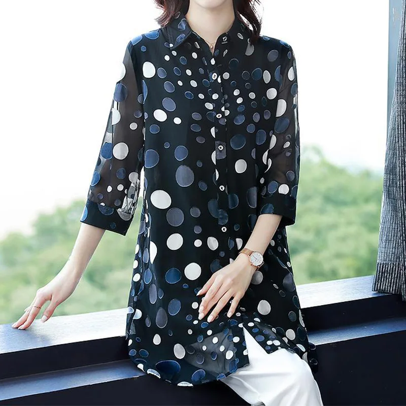 Casual Vintage Polka Dot Button Long Shirt Summer 2023 New Office Lady Polo-Neck Three Quarter Sleeve Loose Tops Ladies Clothing