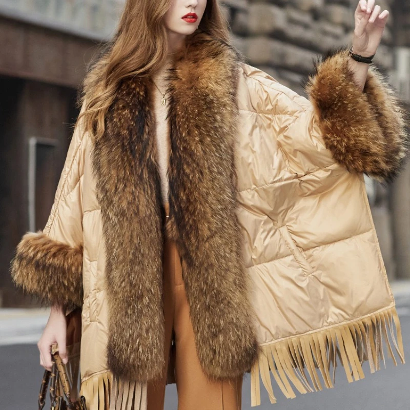 MENINA BONITA 2023 New Winter White Duck Down Jacket Women Ponchos Loose Luxury Big Natural Raccoon Fur Collar Warm Streetwear