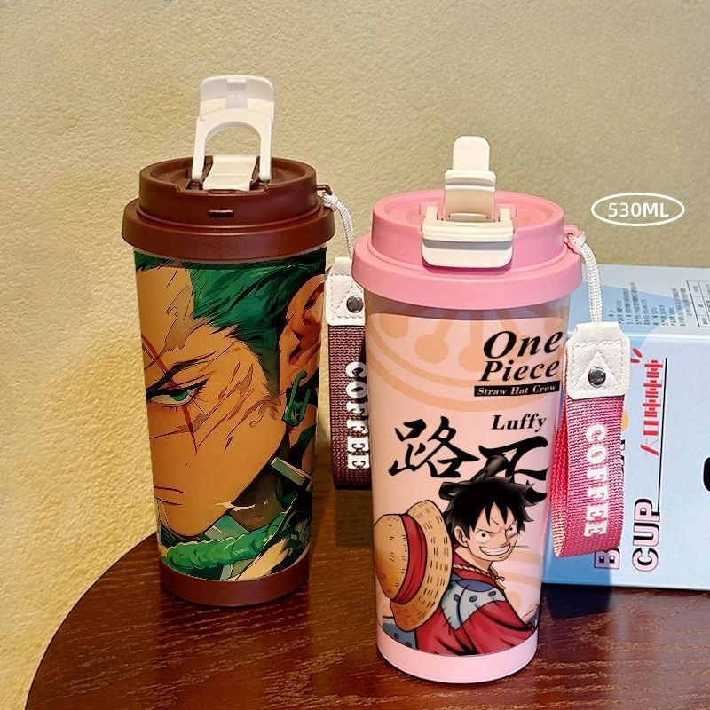 

One Piece Cute cartoon Luffy Zoro straw double drink thermos cup stainless steel cartoon cold-proof portable water cup wholesale