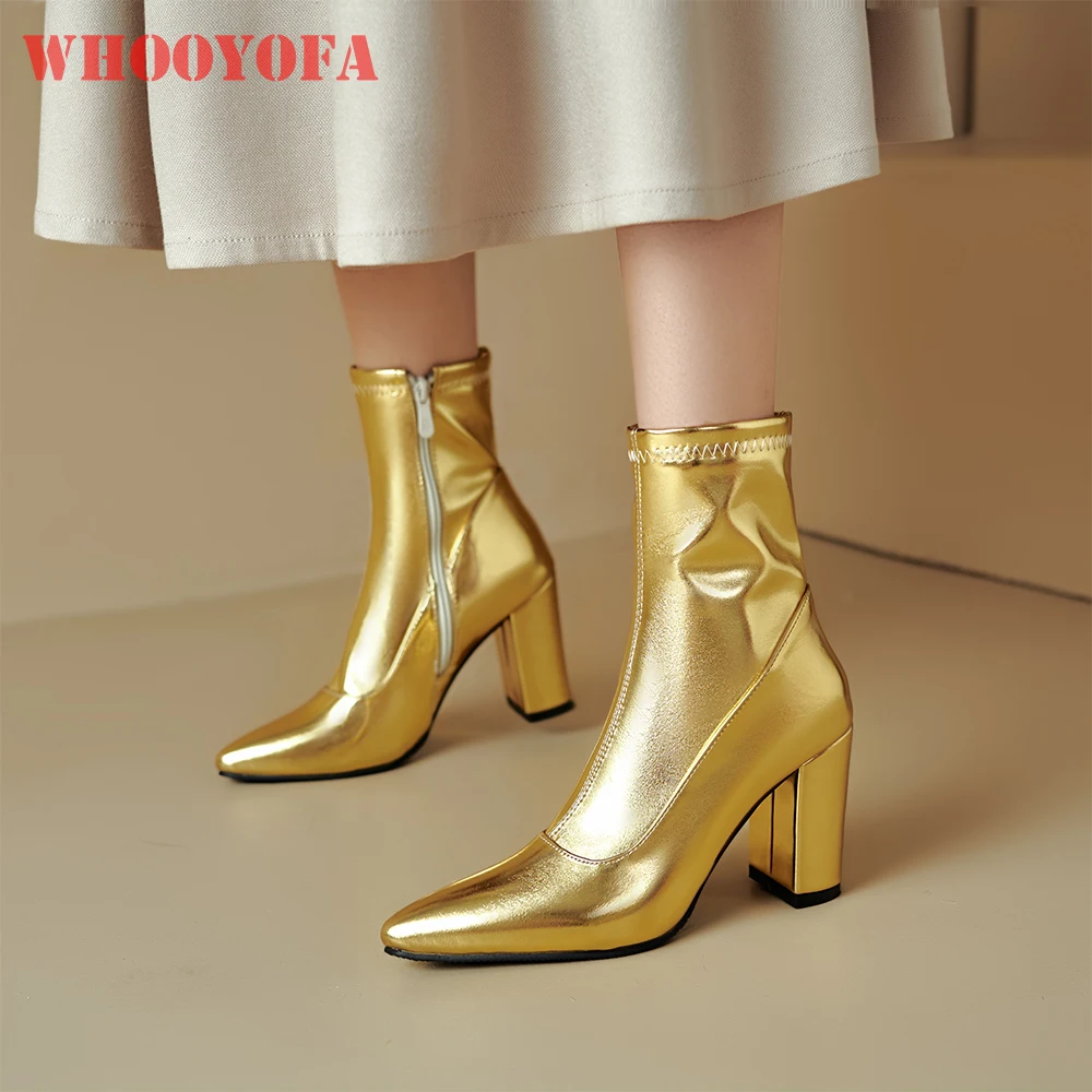 

2026 Spring New Glossy Gold Siver Women Mid Calf Boots Pointed Toe High Heels Lady Party Shoes Plus Small Big Size 32 43 46