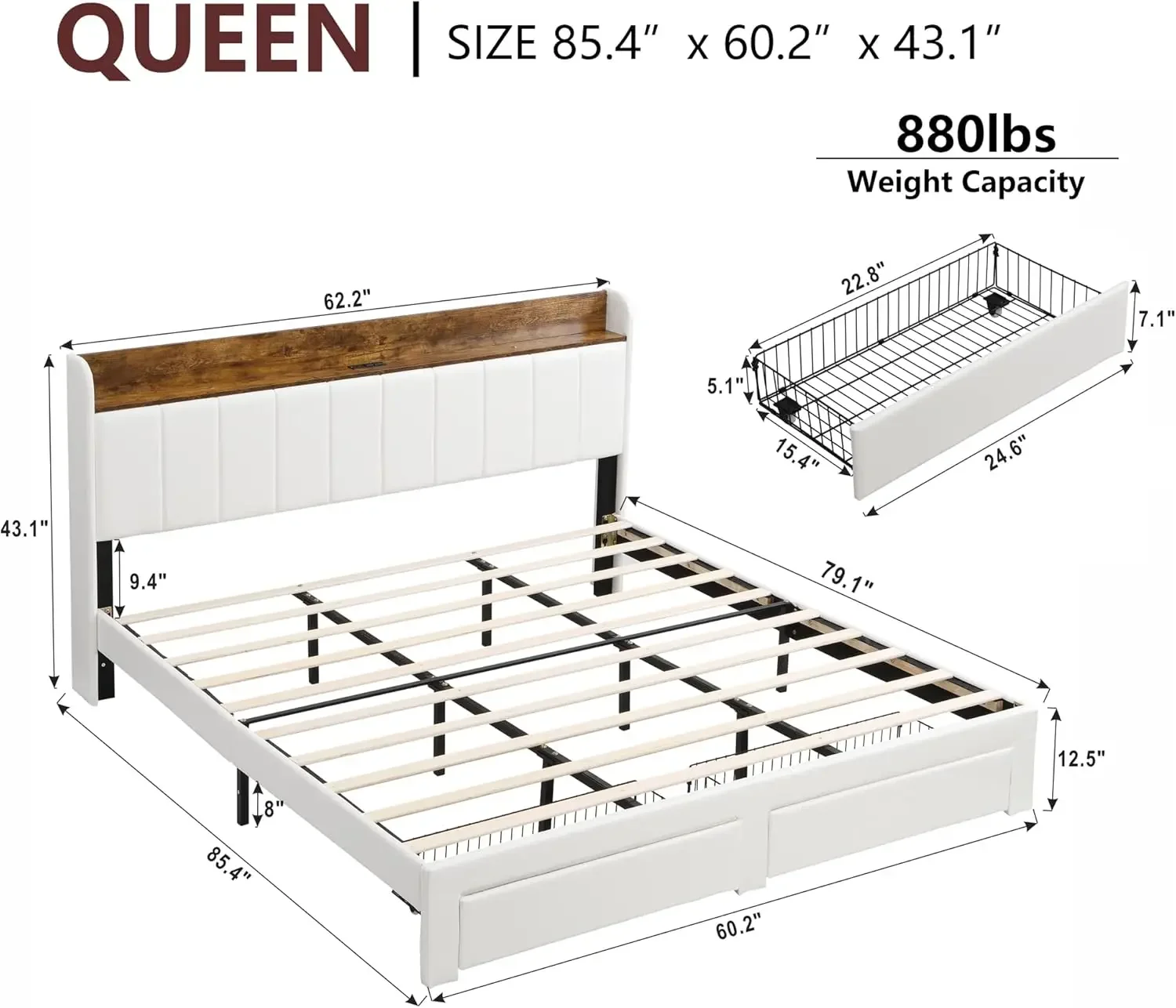 Upholstered Bed Frame Queen Size with Headboard Platform Bed Frame with Storage Drawers & Charging Station