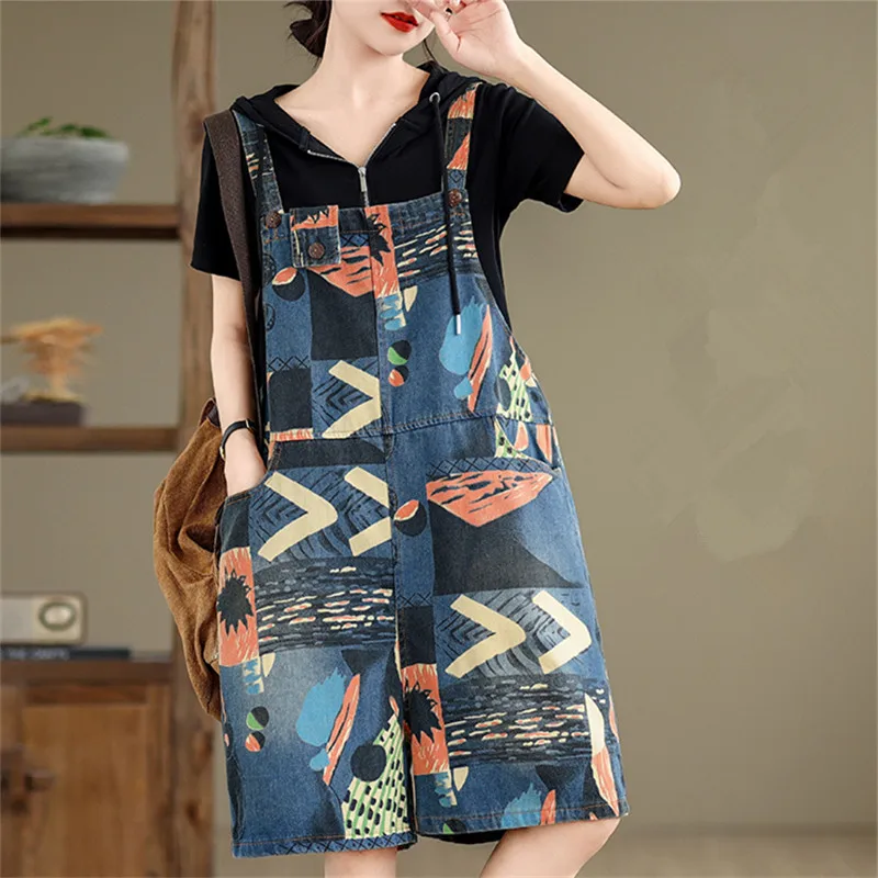 Denim Jumpsuits Vintage Summer New Romper Print Pocket Loose Wide Leg Shorts Casual Bodysuits One Piece Outfits Women Clothing