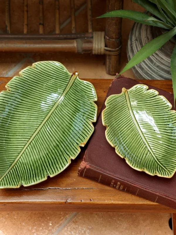 Retro Creative South Asia Style Banana Leaf Ceramic Plate Seed Dish Leaf Decorative Ornaments Green Leaf Tabletop Decorations