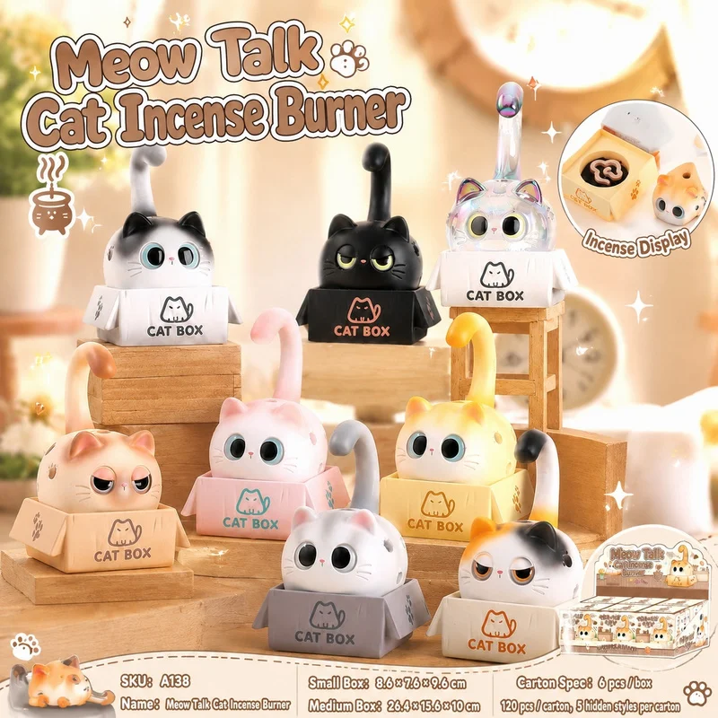 Authentischer Meow Words Kätzchen-Räucherstäbchenhalter Überraschungsbox Niedliche Katzen-Schreibtischdekoration Auto-Aromatherapie-Deko Trendige Spielzeuge Überraschungsgeschenk