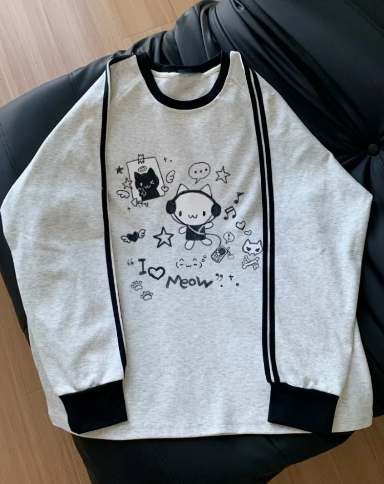 Y2K Grunge Anime Tops Cute Cat Printed Cartoon Sweatshirt Hoodie Harajuku E-girl Loose Oversize Grunge Clothes Autumn Streetwear