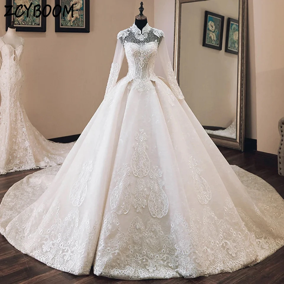 Luxury High-Neck White Long Sleeves Beaded Appliques Wedding Dress 2025 Ball Gown Floor Length Sweep Train Lace Up Bridal Gown