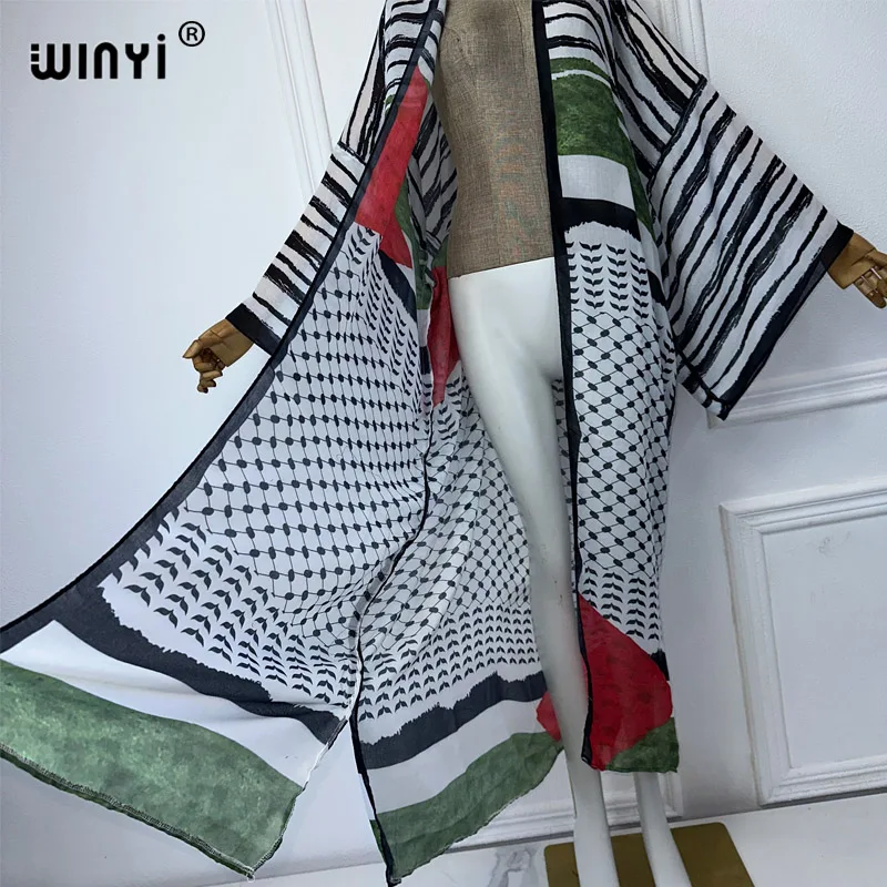 WINYI kimono sweter z nadrukiem wschodu abaya dubaj luksusowe eleganckie stroje plażowe dla kobiet seksowna bawełniana sukienka kaftan