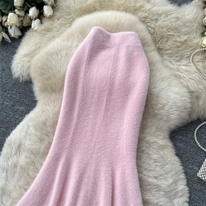 Damen Kunstnerz Gestrickter Meerjungfrauenrock Hohe Taille Weicher Flauschiger Warmer Pulloverrock Herbst Winter Eleganter Figurbetonter Langer Midirock 636 – Detail 20