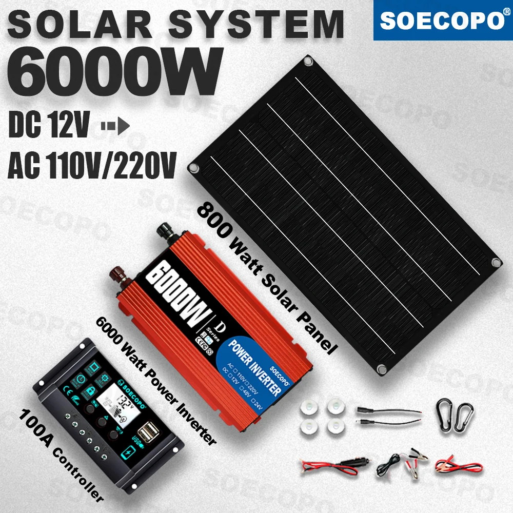

SOECOPO 6000W Solar System Kit, 800W Panel 100A Controller, 12V DC to 110V/220V AC Inverter for RV Boat Off-Grid Camping circuit